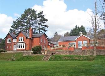 A large brick house backed by tall pine trees overlooks a vast lawn.