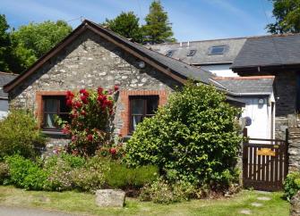 Stone-built, gable end of a cottage with flowering shrubs.