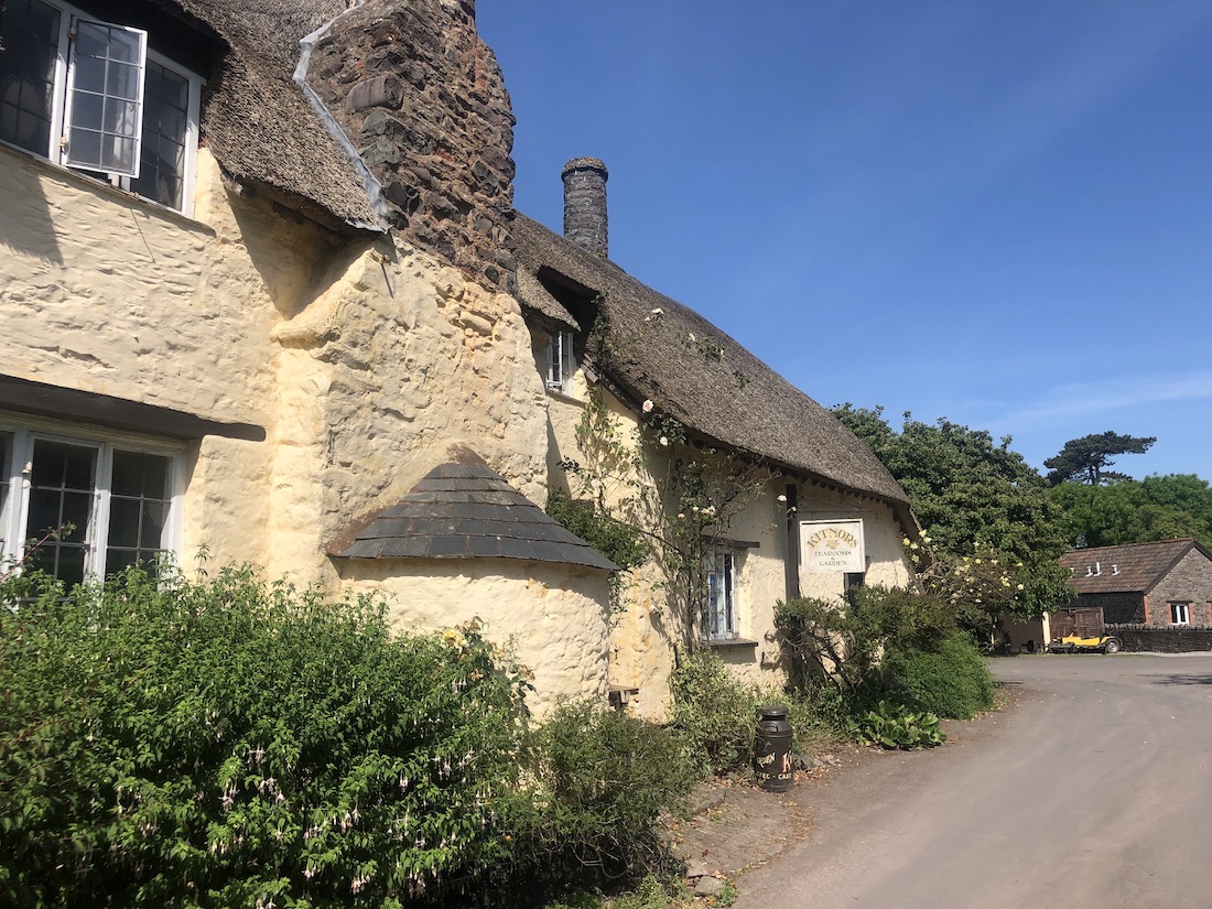 The exterior of a Somerset tea rooms. Part of a row of very old, partially thatched cottages in Bossington