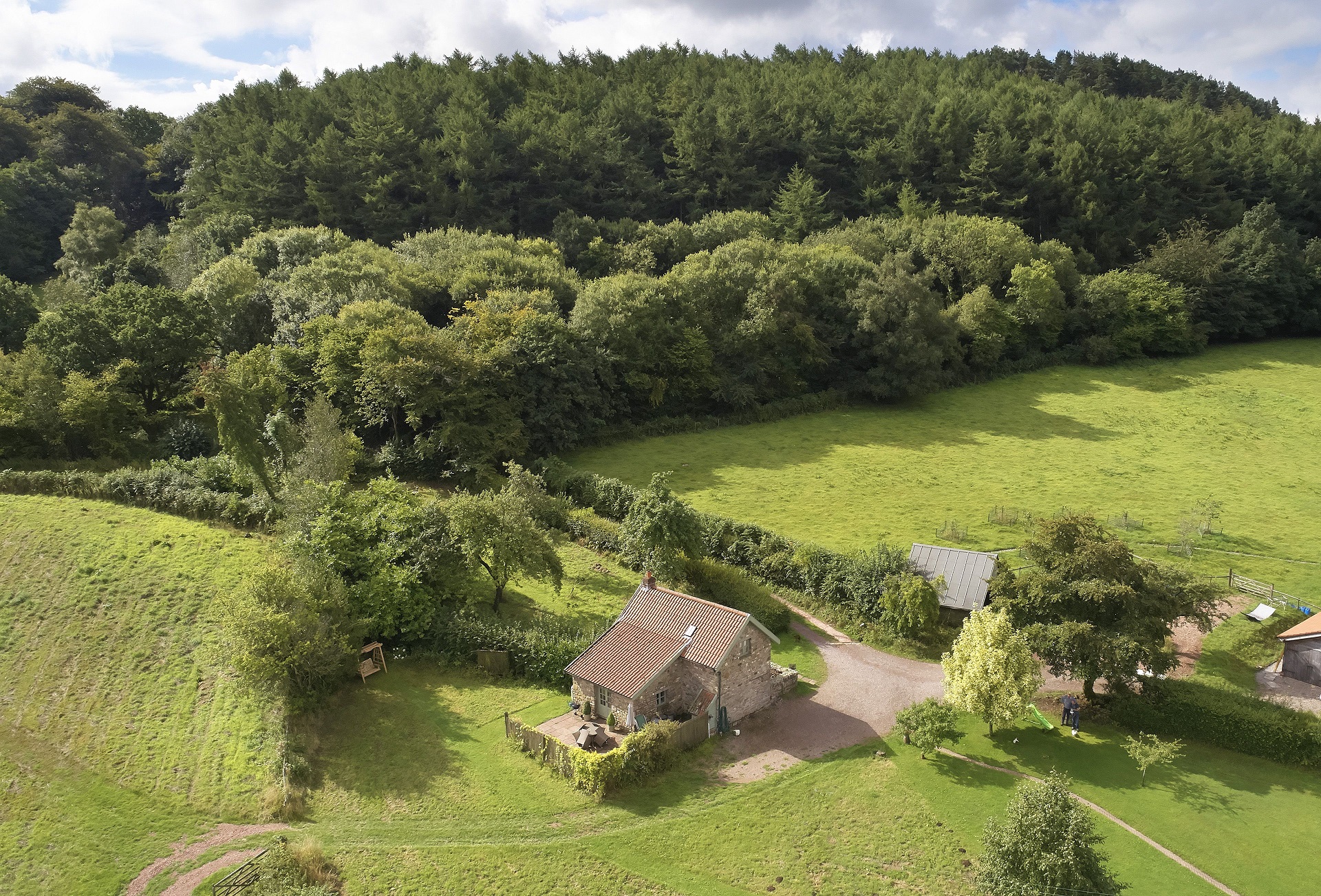 An aerial view of a stone-built Wye Valley cottage surrounded by fields and  dense woodland on a sunny day.