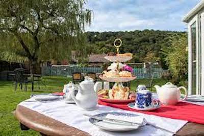 In a garden, a table with a red table cloth is covered with cakes, scones and tea cups for an Exmoor cream tea.