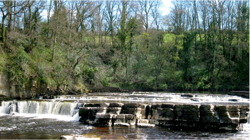 A Yorkshire Dales wooden signpost stands in front of a meandering river with a shingle beach. Beyond the river is a steep, partially tree-clad fell.
