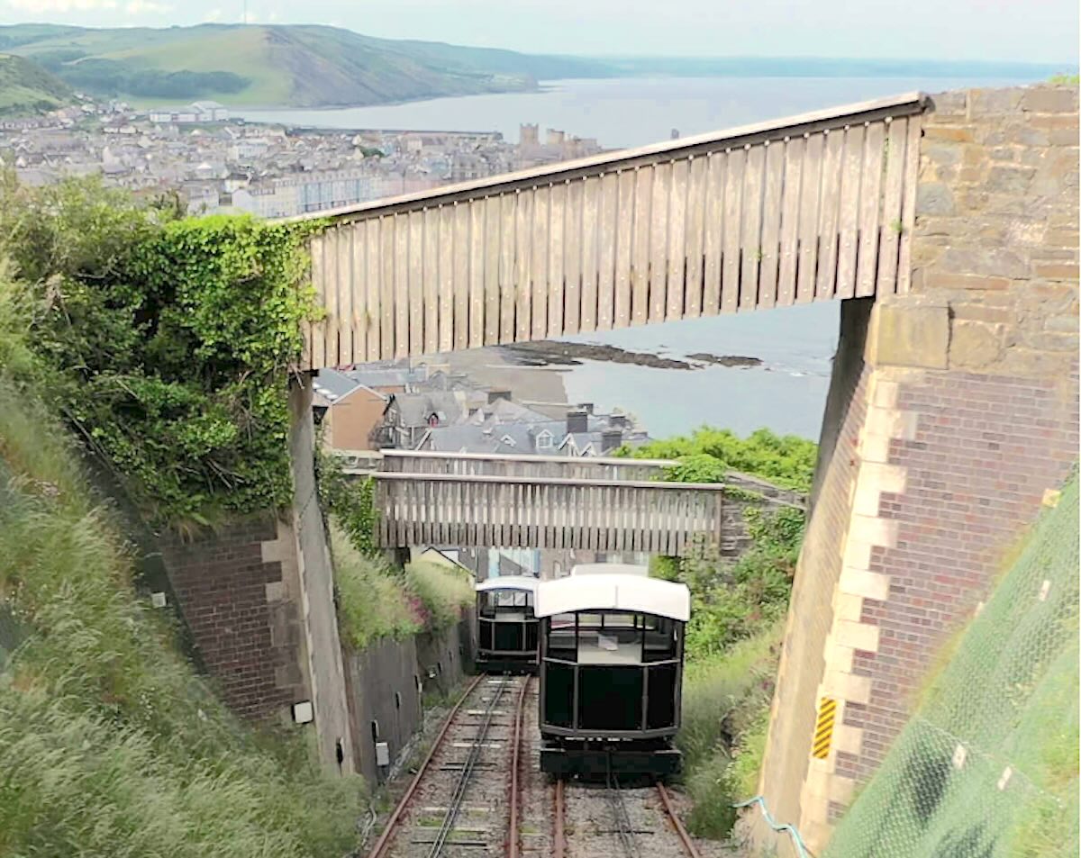 Two cliff railway cars about to pass each other on the steep incline of the Aberystwyth Cliff Railway