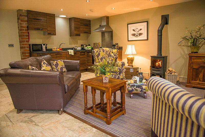 Sofas around a log burner with wooden furniture and a dark wood kitchen