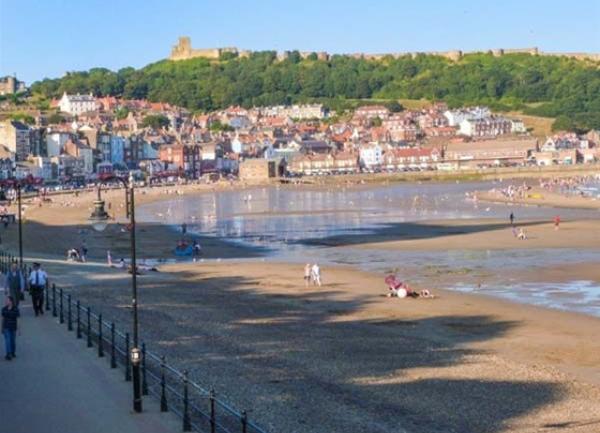 Village houses overlook a local beach at low tide.