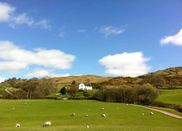A lakeland view of hills,t rees and fields with a prominent holiday cottage between two copses.
