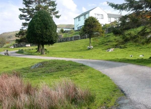 A drive curves to the grounds to a large house.