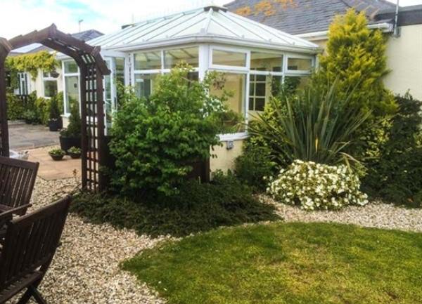 Lawn. with a garden arch and tall shrubs.
