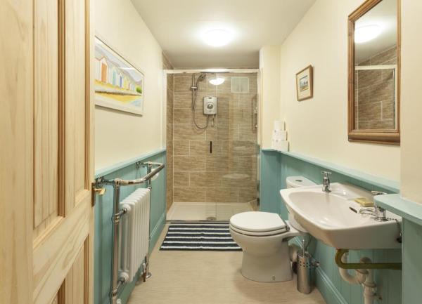 A bathroom with a shower, WC and washbasin.