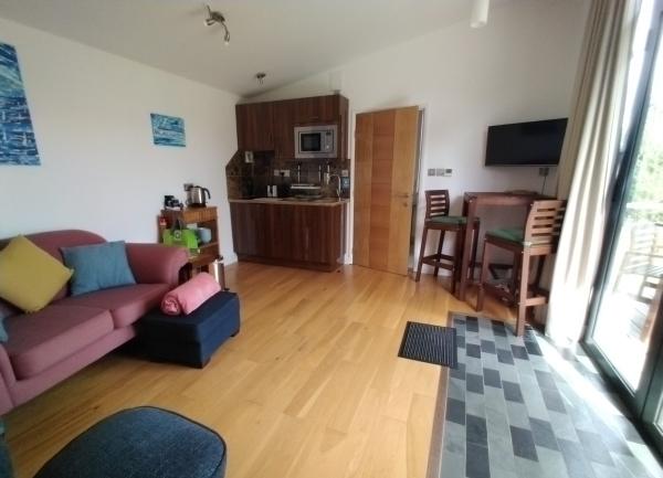 Living room with kitchen ad dining area.