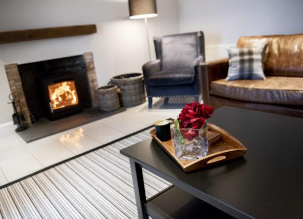 Lounge with a lit woodburner and armchairs.