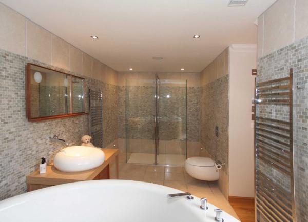 Bathroom with shower, bath, washbasin and WC.