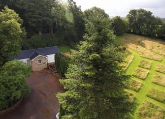Aerial view of a country cottage on the edge of a wood overlooking fields in Glamorgan