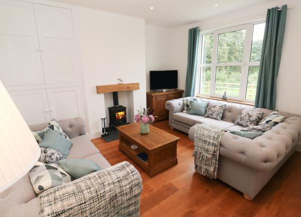 A lounge with 2 sofas, TV, wood-burner and a blanket-box coffee table.
