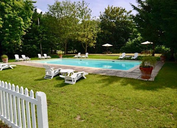 Outdoor swimming pool on a lawn with sun loungers.