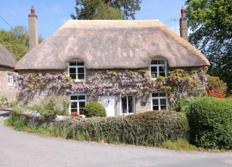 A thatched country cottage on Dartmoor overlooks its front hedge