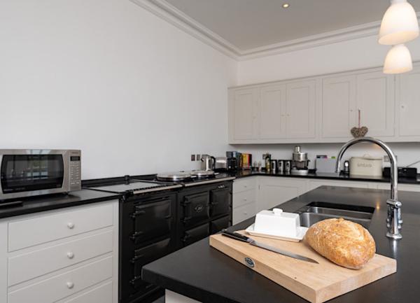 A kitchen corner showing a 2-ring Aga stove with a hot plate, microwave and sink with mixer tap.