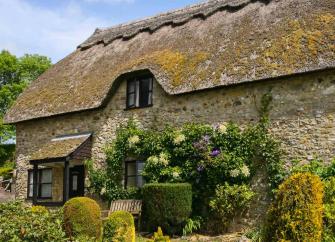 A stone-built, thatched holiday cottage in a shrub-filled garden.