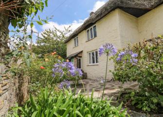 Exterior of a thatched cottage facing a paved, flower-filled courtyard in Brixham.