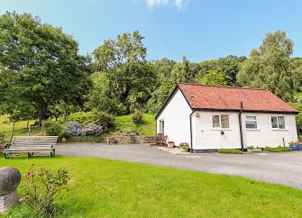 A countryside bungalow at the head of a drive with mature trees in th background