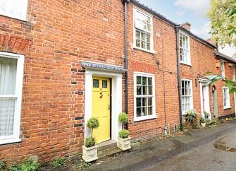 Exterior of a row of terraced houses with potted bayleaf trees aside the front doors.