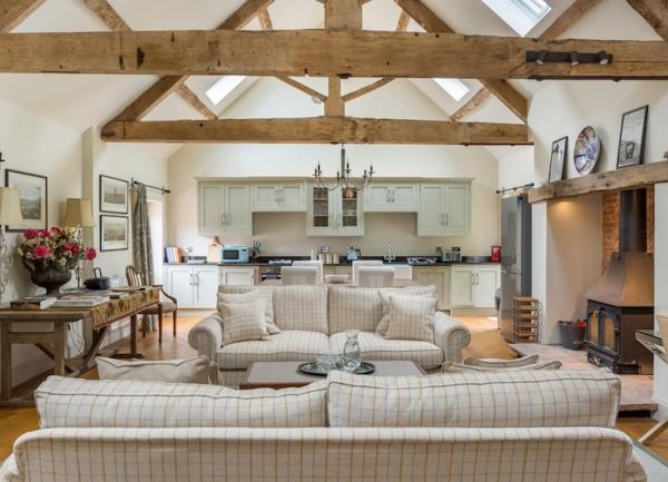 Open plan living area with lounge sofas , wood burner and a fitted kitchen at the far end.