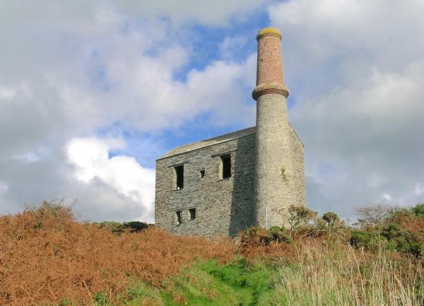 Old engine house and chimney for a tin mine in North Cornwall.