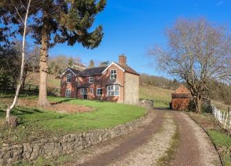 A track leads to a twin-gabled house with a monkey puzzle tree in the foreground.