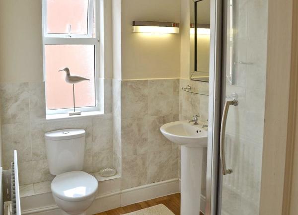 A bathroom with a shower, washbasin and WC.