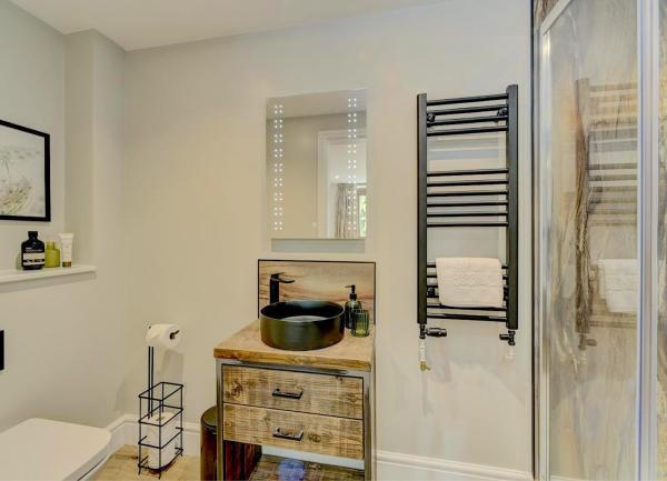 Bathroom with shower, sink and WC.