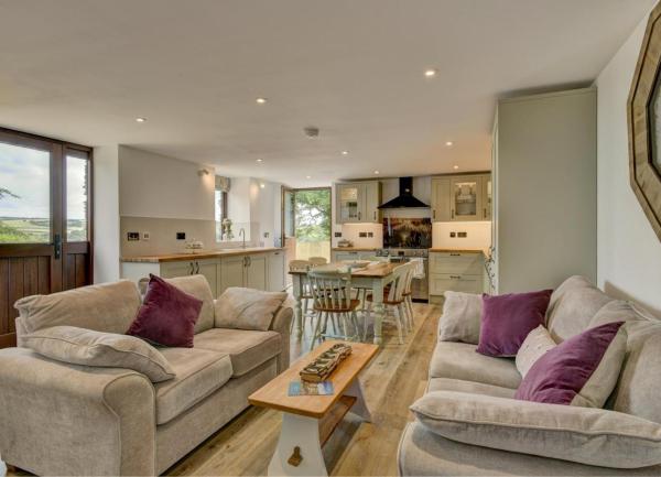 A luxuriously-furnished open-plan lounge, dining and kitchen areas.