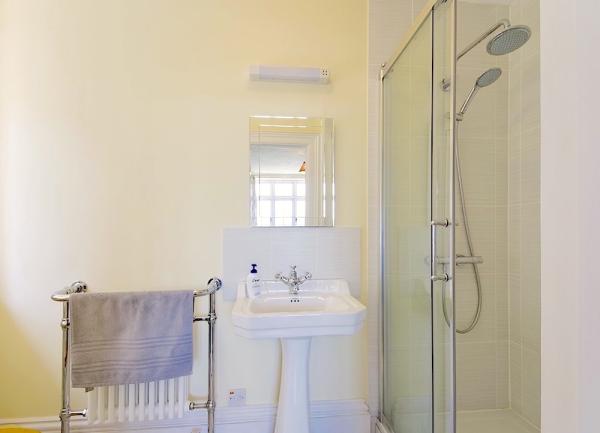Bathroom with shower, washbasin and heated towel rail.