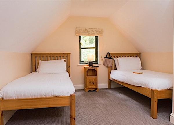 Twin bedroom with bedside cabinet and table lamp.