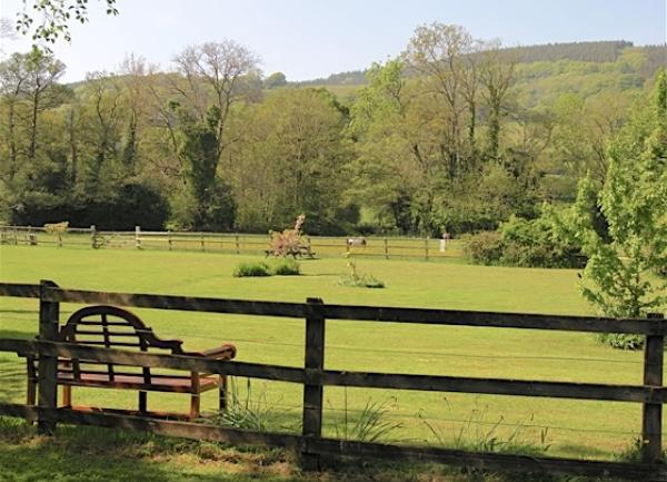 A park bench overlooks a fenced-in field.