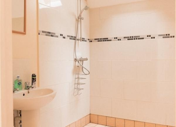 Walk-in wet room with shower and washbasin.