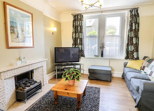 Lounge with open fire , sofa and TV.