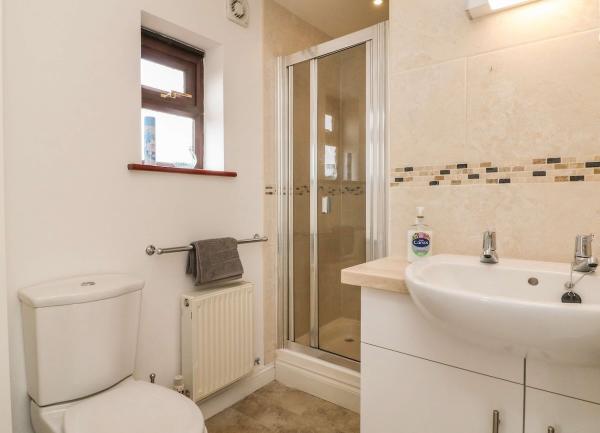 Bathroom with shower, wash basin and toilet.