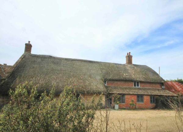 Rear exterior of a thatched cottage overlooking a large courtyard.