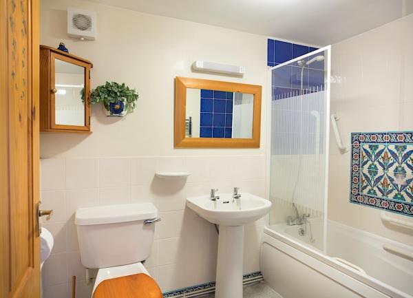 Family bathroom with bath/shower, washbasin with mirror, andWC 