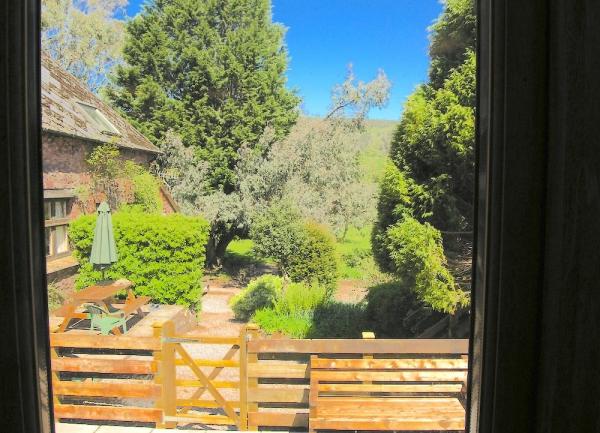 A gate in a fence leads into a garden full of trees and shrubs.