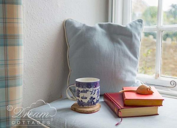 Window seat, cushions and books for reading,