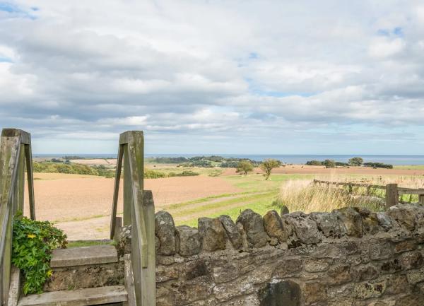 Steps over a stone wall cross a field to the sea.