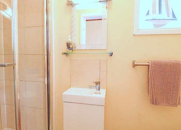 Ensuite shower room with a wash basin and towel rail.