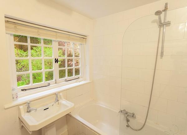 Bath with a fixed overhead shower attachment and washbasin.