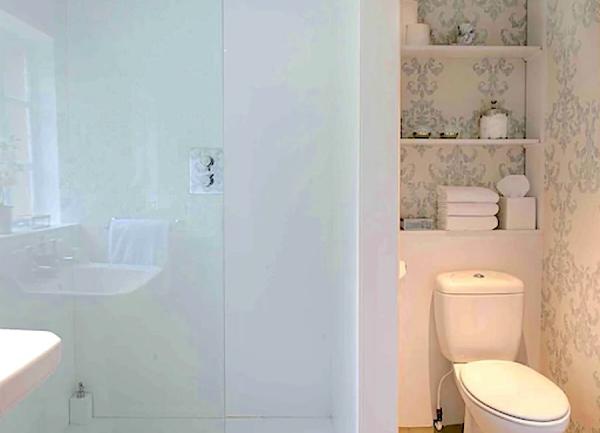 Bathroom with a shower, toilet and wash basin.