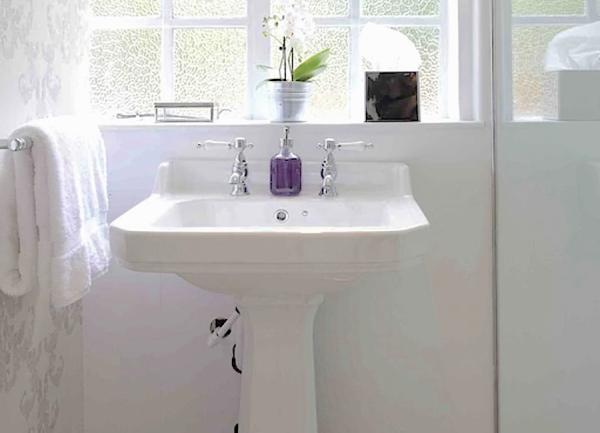 A Washbasin stands next to a bathroom shower.