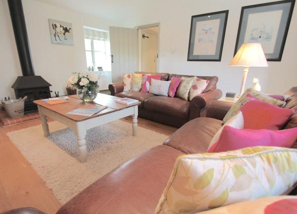 A lounge with 2 sofas, wood burner and  a coffee table.