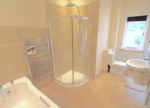Bathroom with shower, bath, washbasin and WC.