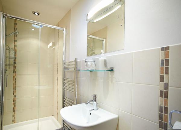 Bathroom with. shower, heated towel rail, washbasin and WC.