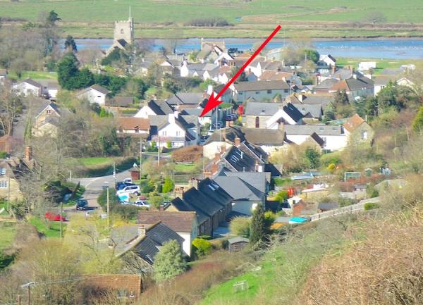 Aeerial view of Axmouth showing the location of Orchid Cottage.